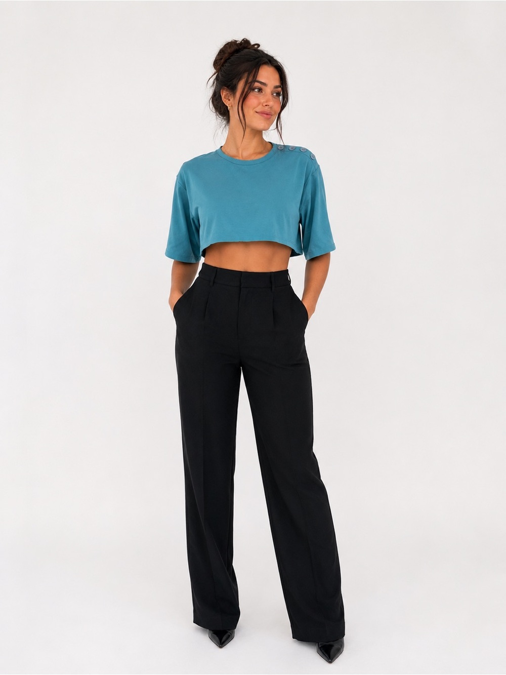 FKSP Teal Button Detail Cropped Top | Size Small